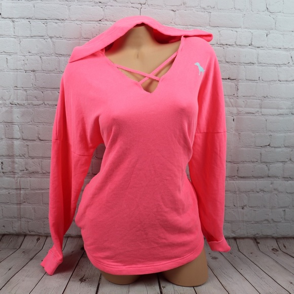VS PINK Love Pink Lace Up Sweatshirt Hoodie - Picture 2 of 7